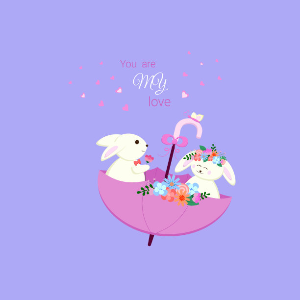 可爱的小兔子带着花坐在雨伞里图片下载