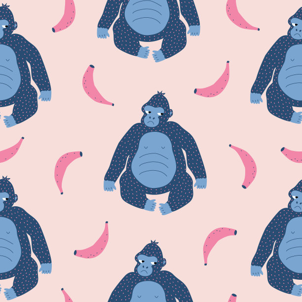 有趣的蓝色大猩猩和粉色香蕉手绘矢量插图。可爱的野生动物无缝图案的孩子织物或墙纸。图片下载