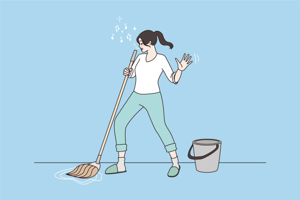 快乐的主妇在打扫时在拖把里唱歌跳舞图片下载