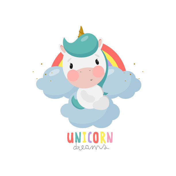 神奇独角兽和彩虹。卡通风格。矢量插图。儿童用品，卡片，海报，横幅，儿童书籍，印刷在包装上，印刷在衣服，织物，墙纸，纺织品或盘子。图片下载