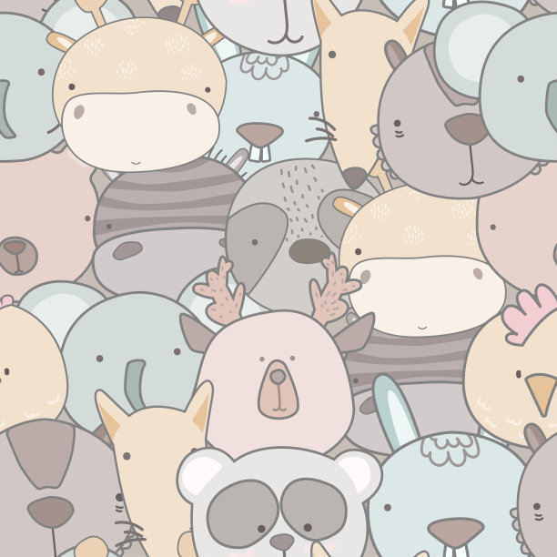 可爱的动物面对幼稚的无缝图案。涂鸦卡通动物头像。不同的动物。为织物，包裹，纺织品，墙纸，服装创造幼稚的纹理。向量f背景图片下载