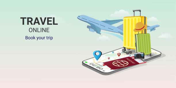 旅行。智能手机上的在线预订服务应用程序。在线旅行票。移动应用程序。互联网电子商务。旅行计划。旅行设备及行李。网站或移动应用的概念。矢量插图图片下载