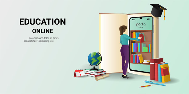 在线教育网站和手机应用与图书智能手机电子图书馆。数字教室。在线培训课程。数字图书馆。网页概念，图形设计，登陆页面模板。三维向量图片下载