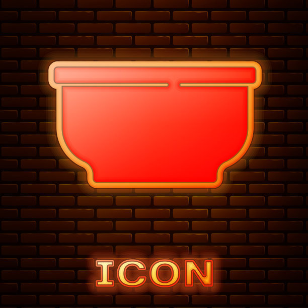 发光的霓虹碗图标孤立在砖墙上图片下载