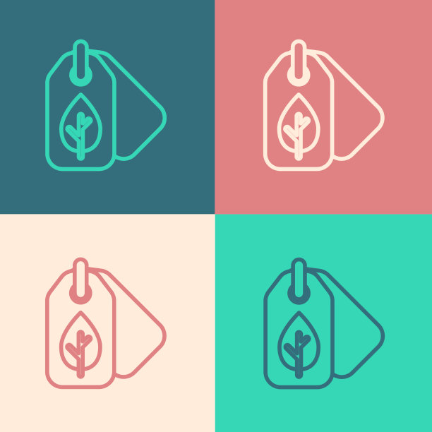 与叶符号图标分离的波普艺术线标签图片下载