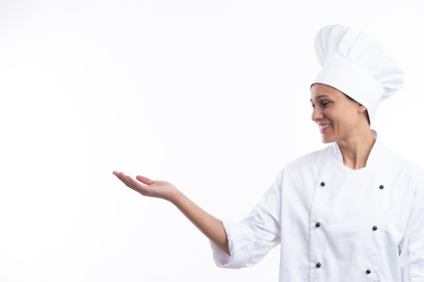女厨师与伸出的手孤立在白色背景与复制空间。图片下载