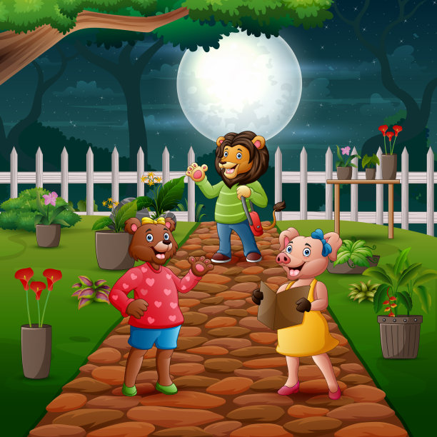 卡通可爱的动物穿着衣服在公园里图片下载