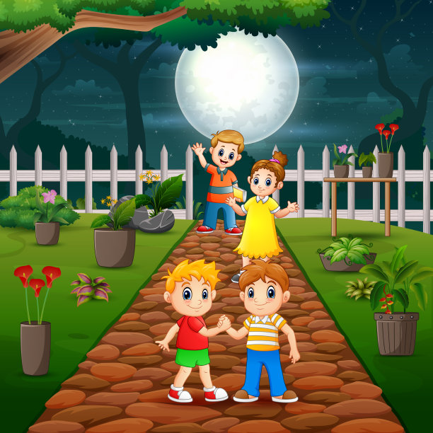 卡通快乐的孩子们晚上在公园里图片下载