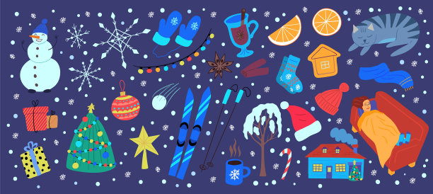 卡通色彩不同的冬季元素集图片下载