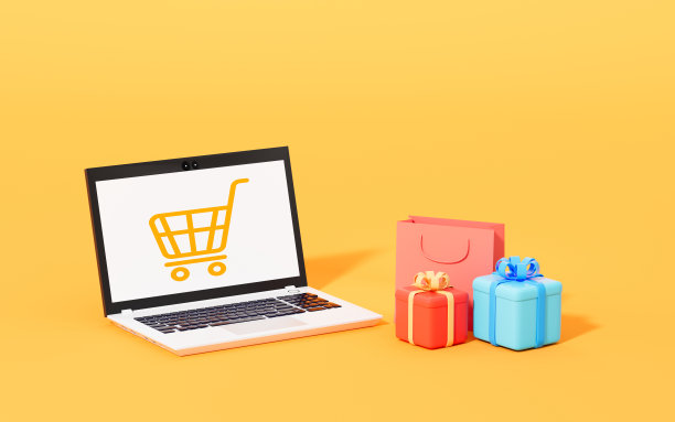 礼物和笔记本电脑与购物车图标在黄色背景，3d渲染。图片下载