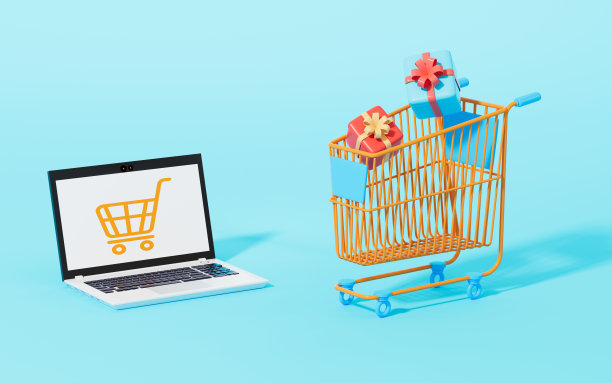 购物车和笔记本电脑与购物车图标的蓝色背景，3d渲染。图片下载