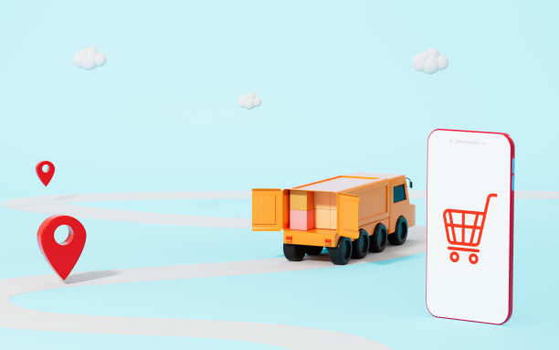 一辆快递车和带有购物车图标的手机，以青色为背景，3d渲染。图片下载