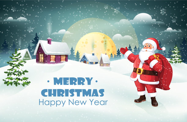 圣诞老人和冬天的村庄图片下载