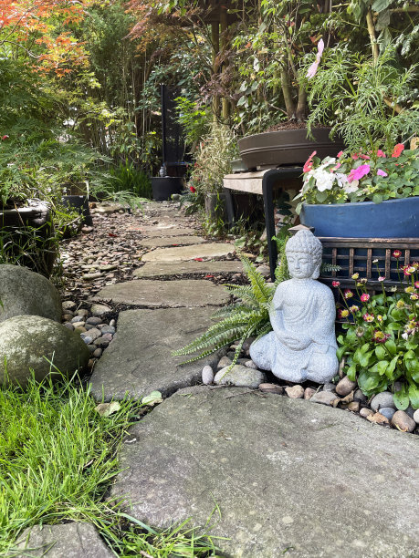 走近图像的东方风格的花园，与日本枫树(掌槭)，盛开的杜鹃花，重点前景图片下载