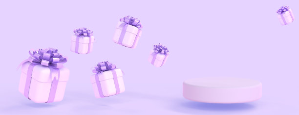 3D讲台和飞行礼品盒蝴蝶结在紫色的背景。模型空白基座显示产品与礼物或奖金生日，情人节，圣诞节或新年，3d网页横幅图片下载