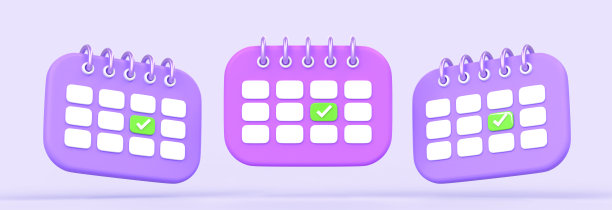3D日历图标紫色页面，复选标记和螺旋，正面和角度视图。卡通套纸砑光机与标记的日期孤立在薰衣草背景。日程安排或任务，3d渲染图片下载