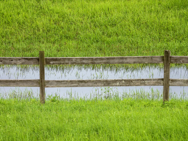 在长满草的山脚下，雨水冲刷着栅栏图片下载
