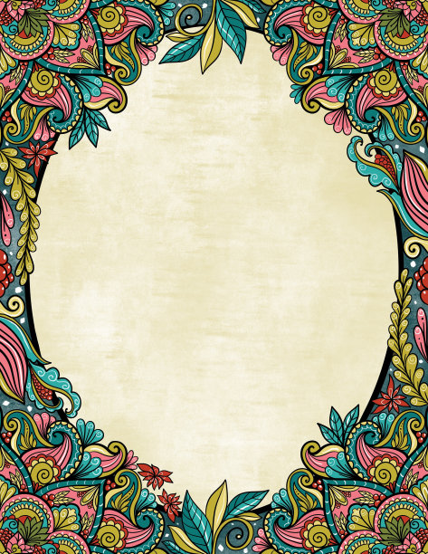 五彩曼陀罗框架模板邀请，旗帜，婚礼设计。成人涂色书封面模板图片下载