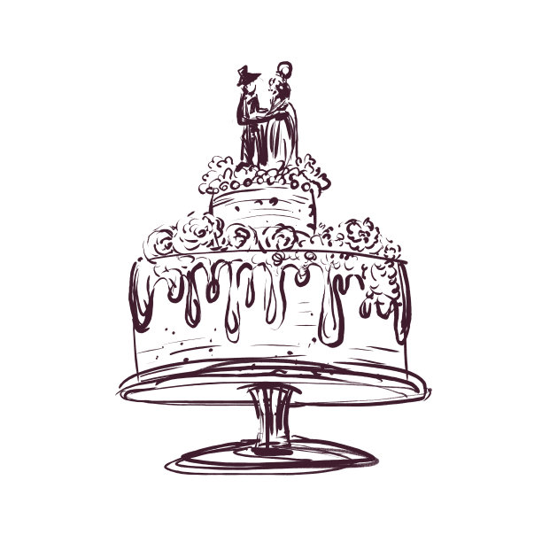 婚礼蛋糕上有新娘和新郎，还有巧克力，白色背景上的复古素描。图片下载