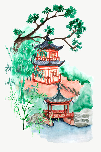 带有植物和建筑的日式花园。水彩插图、海报、横幅,明信片。图片下载