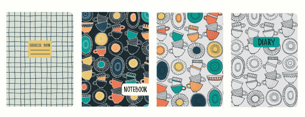 封面页模板的模式与盘子制成的粘土，盘子，杯子。笔记本、日记的背景图片下载