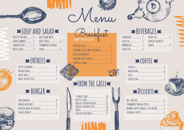 菜单模板用手绘食物元素装饰图片下载