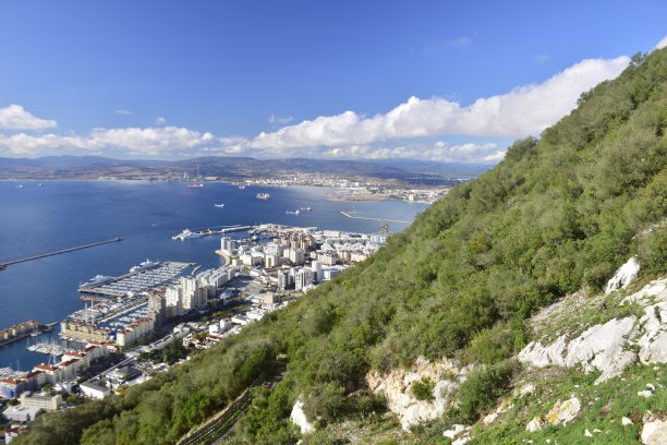 英国直布罗陀- 2019年11月7日:直布罗陀的岩石俯瞰港口，从山顶俯瞰图片下载