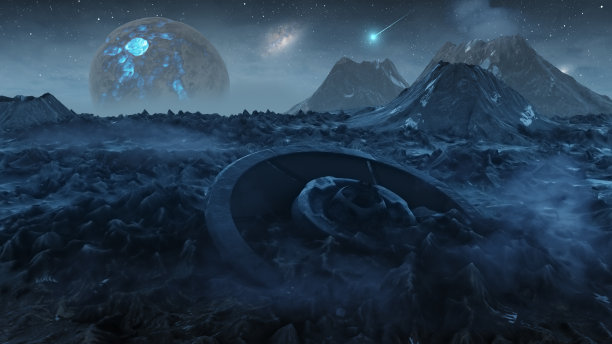 死亡星球上的飞碟残骸，3d插图图片下载