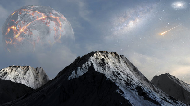 外星死亡星球与火山和死亡的恒星，3d插图图片下载