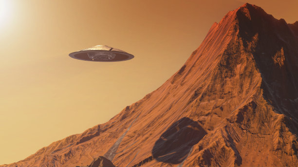 飞碟坠毁在火星表面，3d插图图片下载