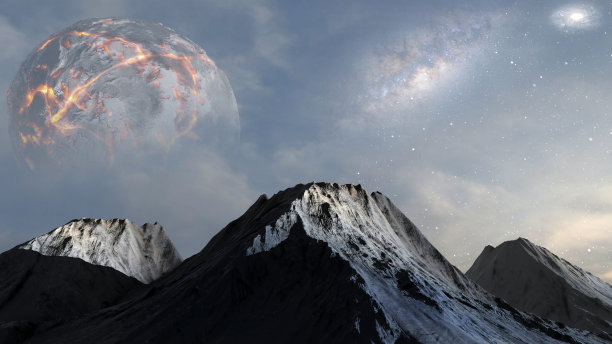 外星死亡星球与火山和死亡的恒星，3d插图图片下载