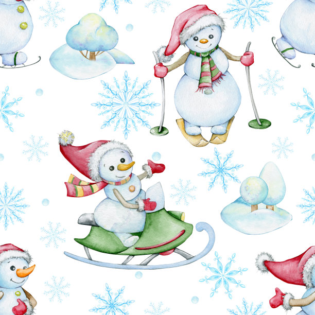 雪人，摩托雪橇，滑雪者，树木，雪花，雪。水彩无缝，圣诞图案，卡通风格，在孤立的背景上。图片下载
