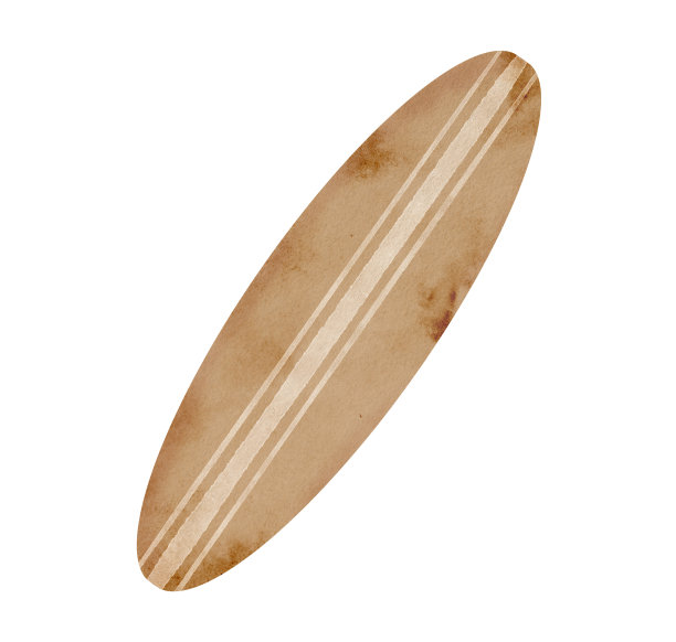 水彩冲浪板说明。手绘棕色条纹冲浪板孤立在白色背景。海浪极限运动器材。夏日度假设计，沙滩度假印花。图片下载