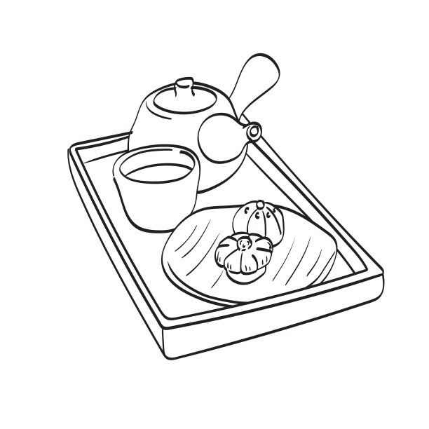 传统的日式茶壶和茶杯配上糖果图片下载