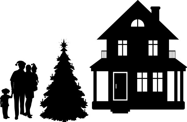 家庭剪影在家里与圣诞树图片下载