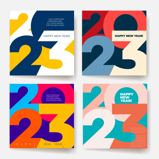 2023年一套，新年快乐。创意概念设计模板与彩色标志2023庆祝和季节装饰。彩色矢量潮流背景的品牌，日历，卡，旗帜，封面。图片下载