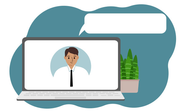 反馈的概念，在线咨询或支持。笔记本电脑上有一张男性专家的照片。图片下载