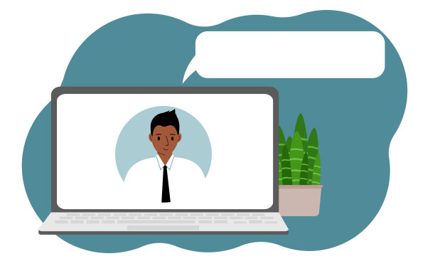 反馈的概念，在线咨询或支持。笔记本电脑上有一张男性专家的照片。图片下载