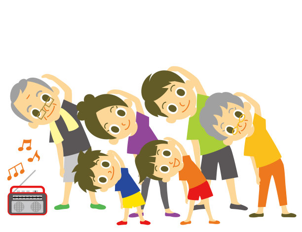 三代同堂，日本广播体操，热身，白底插画图片下载