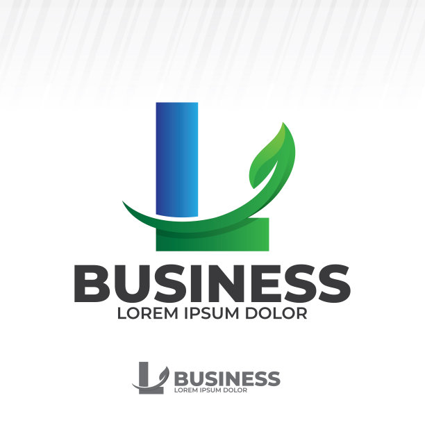 字母L标志与绿叶插图，叶子图标向量集孤立在白色背景图片下载