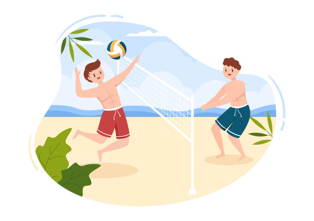沙滩排球运动员的进攻运动竞赛系列户外平面卡通插图图片下载