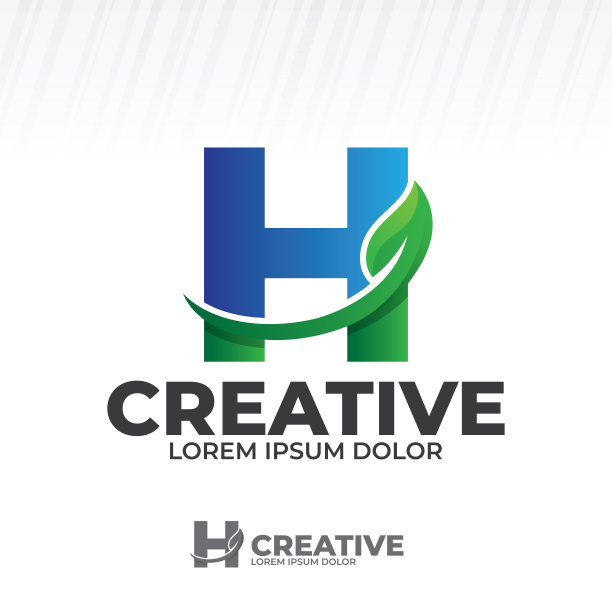 字母H标志与绿叶插图，叶子图标向量设置孤立在白色背景。图片下载