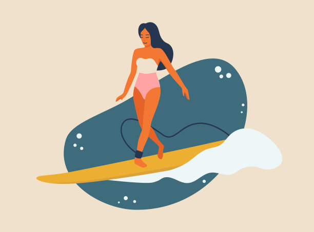 冲浪女孩极简矢量插图。扁平风格的数字艺术与女人捕捉冲浪板上的波浪。年轻女子骑在长板上，微笑着，走交叉台阶图片下载