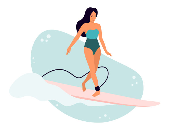 冲浪女孩极简矢量插图。扁平风格的数字艺术与女人捕捉冲浪板上的波浪。年轻女子骑在长板上，微笑着，走交叉台阶图片下载