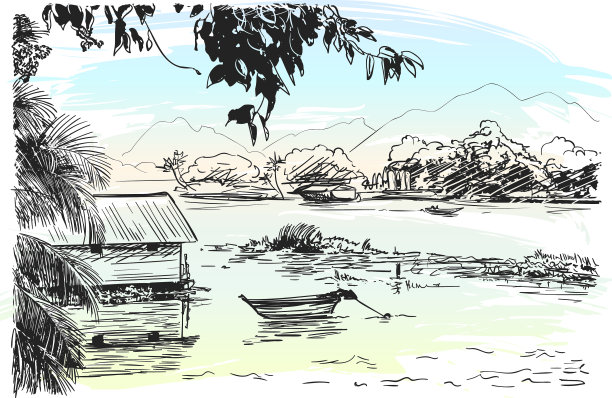 东南河上的船屋草图图片下载