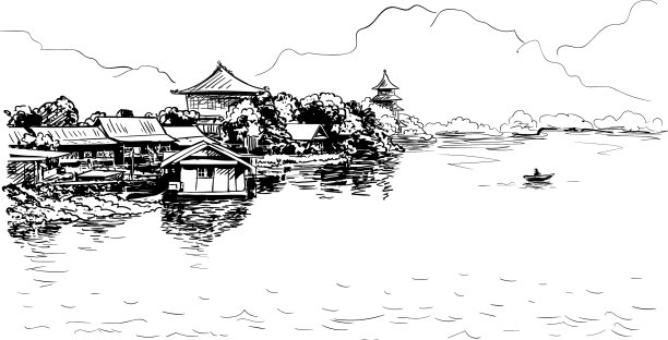 村庄小品上有佛教寺庙图片下载