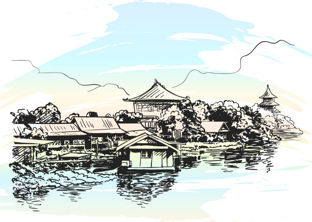 水乡民居素描与佛教图片下载