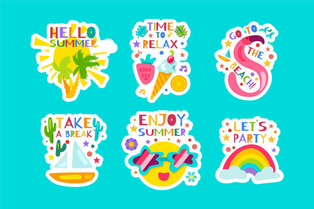 你好暑假贴纸收集矢量图片下载