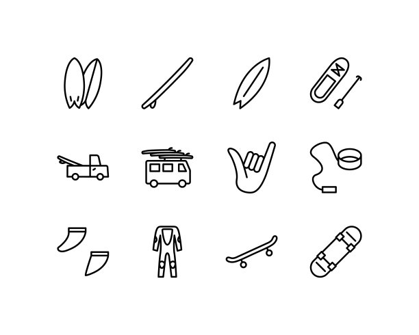 冲浪直线图标设置。冲浪设备和立式桨元素。简单的平面矢量插图网站或移动应用程序图片下载