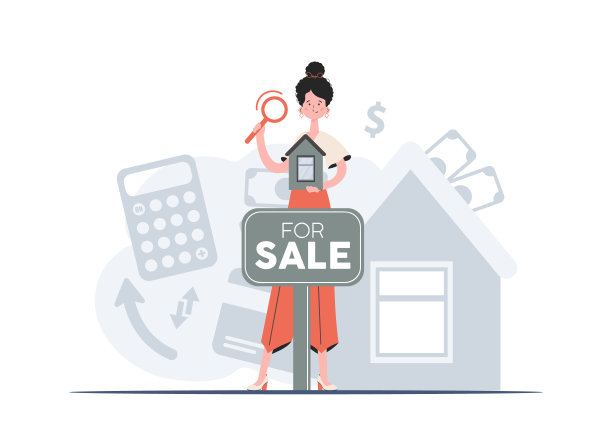 一个成年的女人站在那里，手里拿着房子的模型。属性搜索。平的风格。元素为演示文稿，网站。图片下载